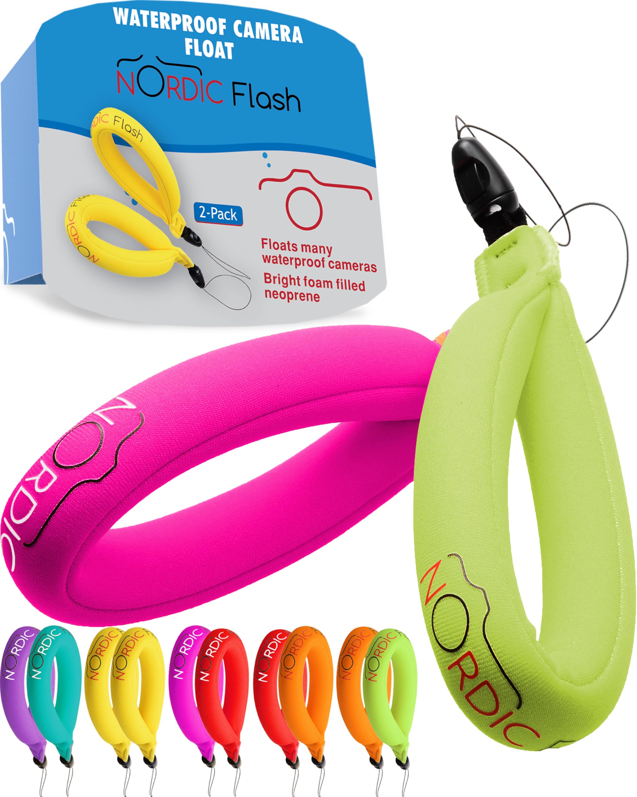 Nordic Flash Waterproof Camera Float (2-pack) Floating Strap for Your Underwater Devices - Pink & Green