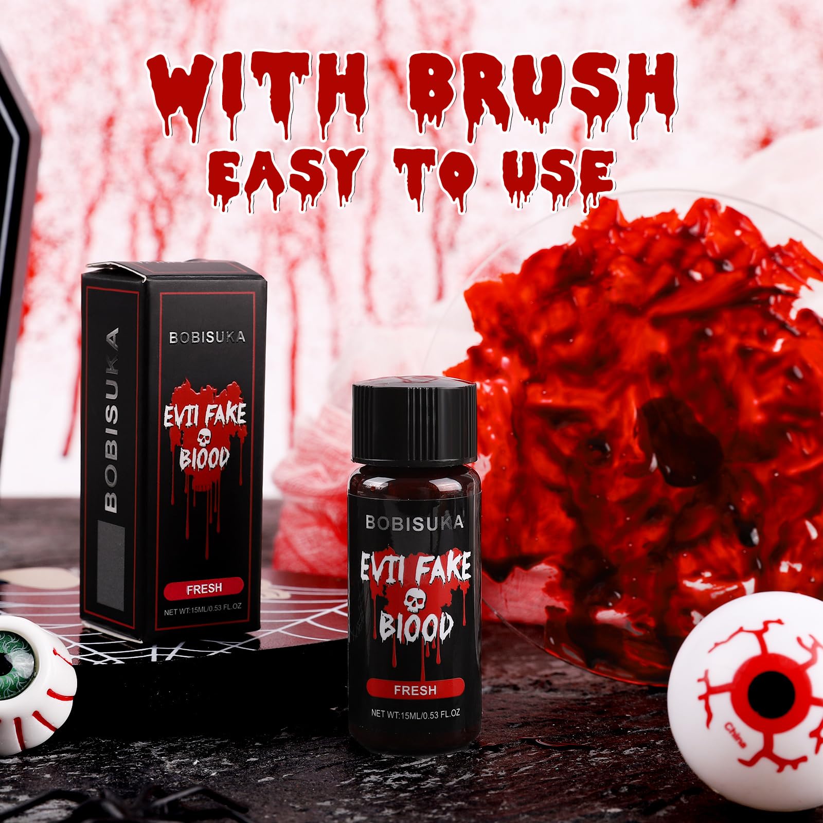 BOBISUKA Halloween Fake Blood, Fresh Fake Blood 0.53oz, Realistic Washable Liquid Dripping Fake Blood Makeup Kit for Halloween, SFX Makeup, Cosplay Party, Stage, Horror Film
