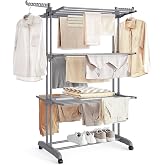 SONGMICS 4-Tier Clothes Drying Rack, Foldable, Rolling, 66.6-Inch Tall | Laundry Stand, Steel, PP Plastic, Easy to Assemble, Indoor Outdoor Use, Gray, BUNJI Collection ULLR701G01