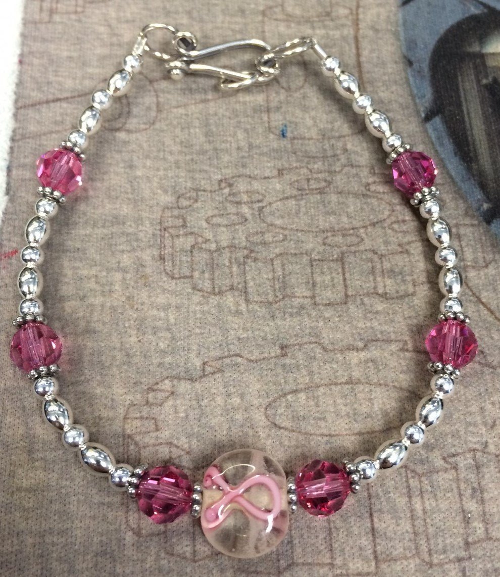 Breast Cancer Bracelet with Sterling Silver Ribbon Charm Handmade