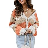 ECOWISH Women's Cropped Cardigan Sweaters 2025 Fall Striped Color Block Long Sleeve Button Up Knit Sweater Y2k Coats