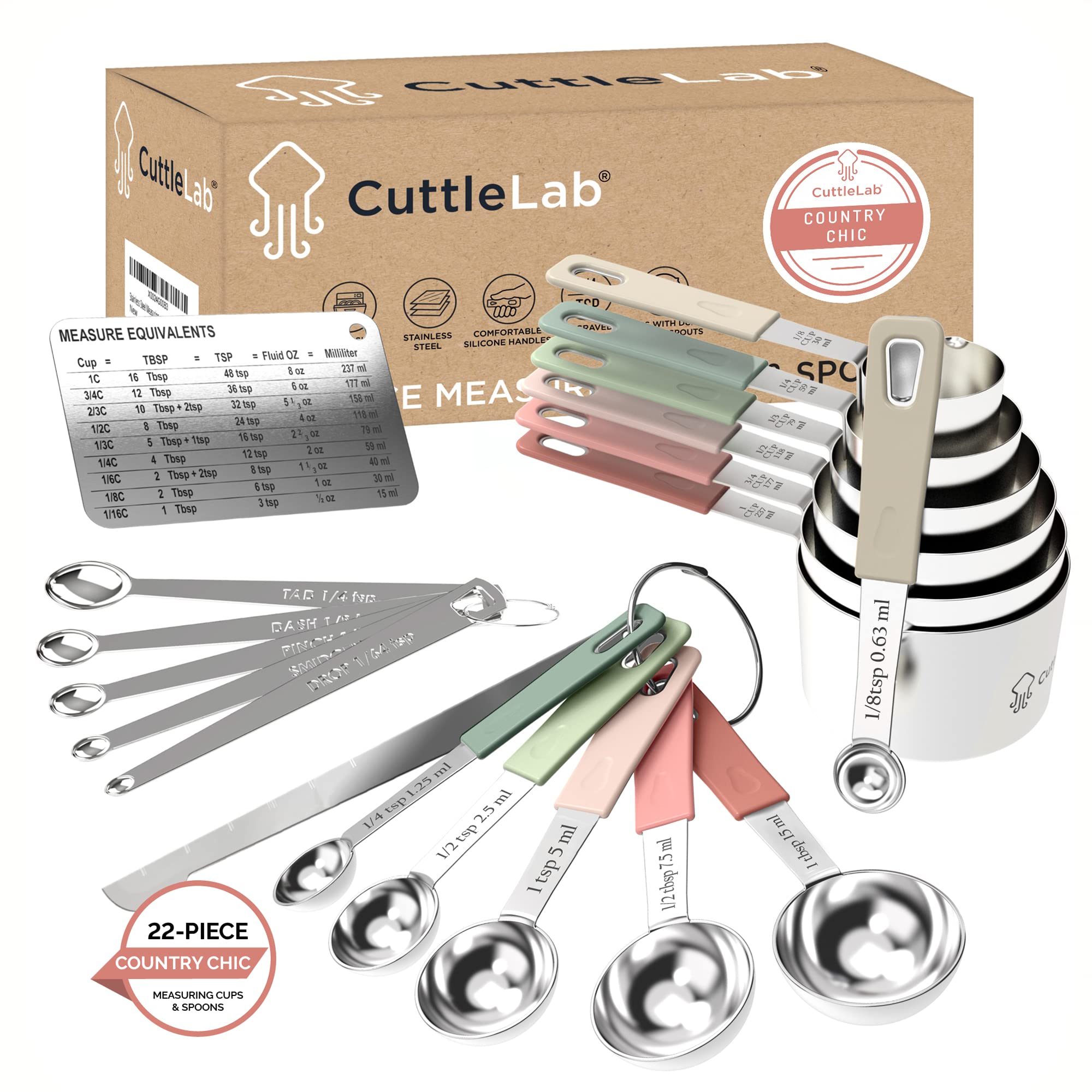 CuttleLab 22-Piece Stainless Steel Measuring Cups and Spoons Set, Tad Dash Pinch Smidgen Drop Mini Measuring Spoons, Measuring Stick Leveler, Fridge Magnet Conversion Chart, Country Chic — image 1