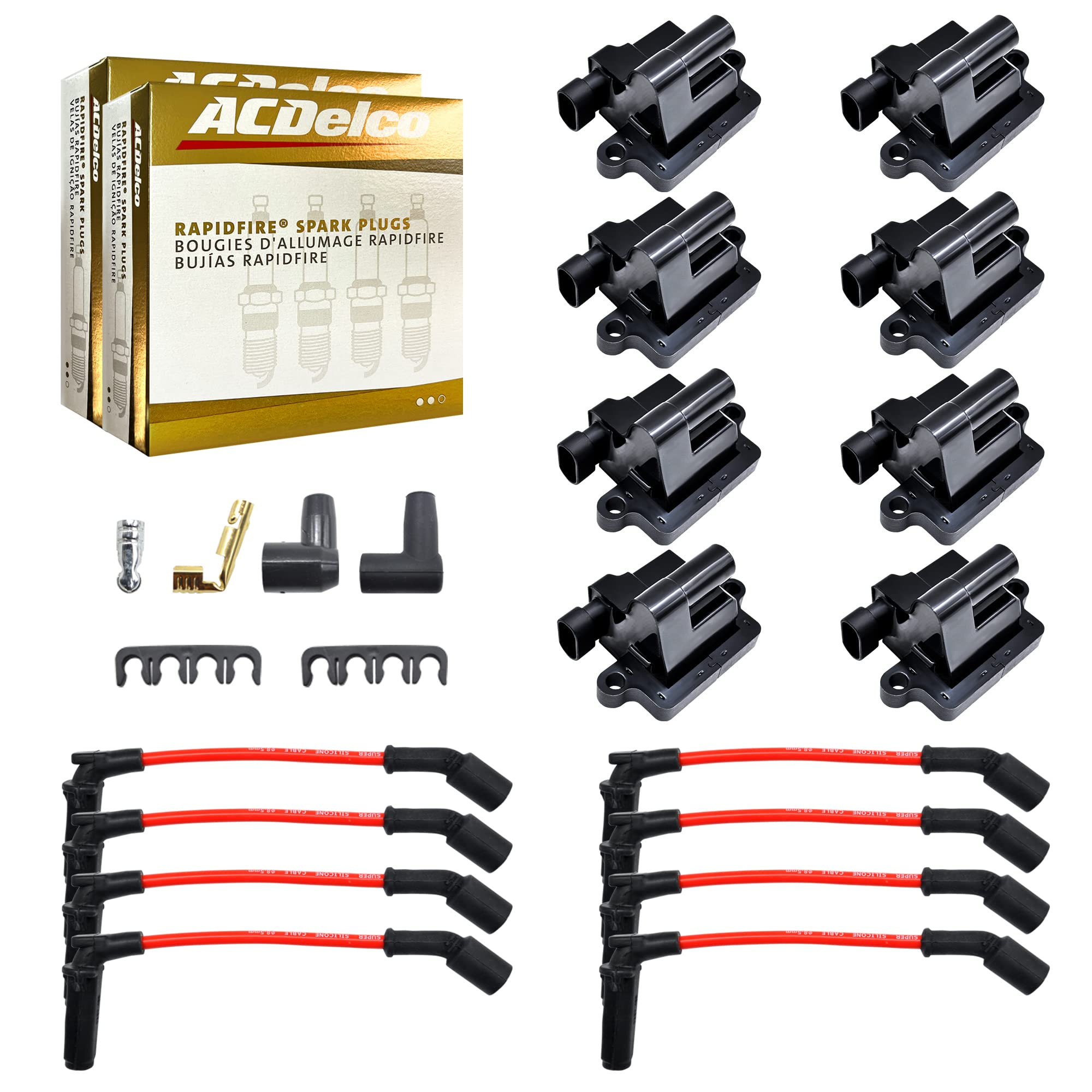 Photo 1 of MAS Set of 8 Square Ignition Coil Pack UF271 &OEM ACDelco 6 Platinum Spark Plugs& 8.5mm Wires Compatible with Chevy Silverado Suburban Tahoe H2 GMC Yukon Sierra Envoy Replacement for 52-1618 5C1083