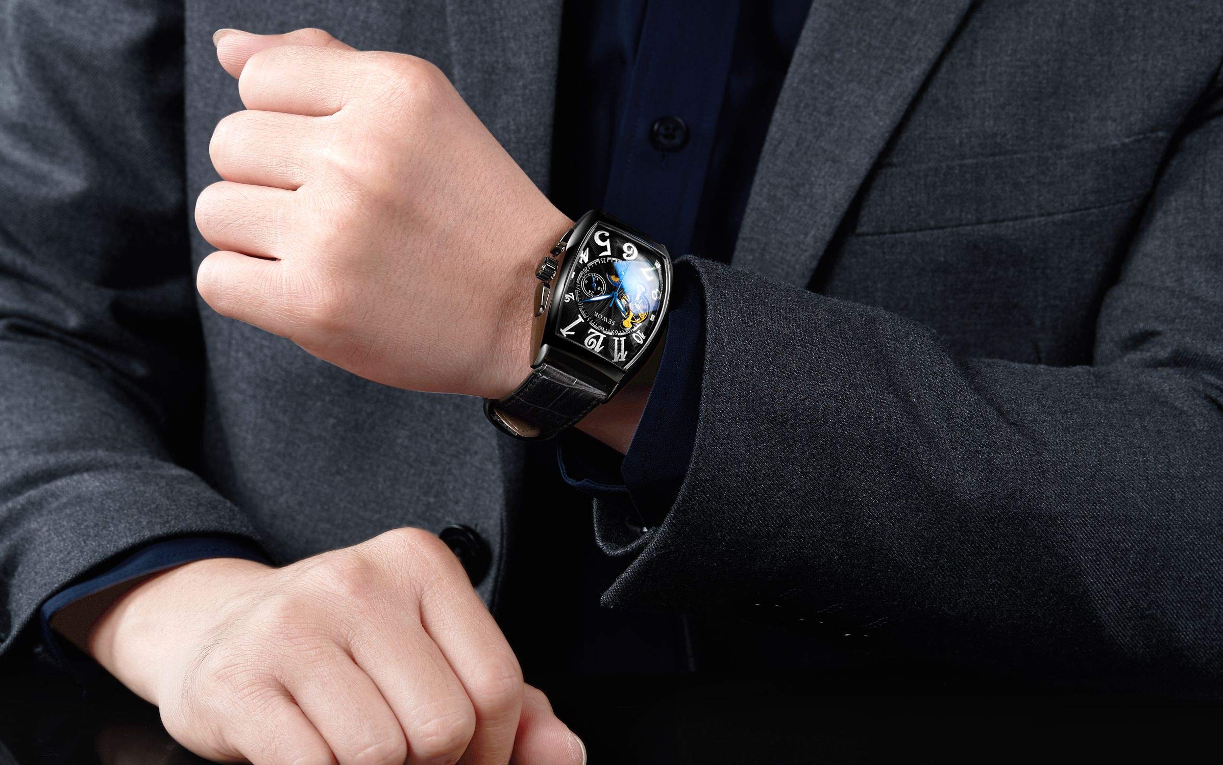 SEWOR Mens Automatic Business Dress Tonneau Moon Phase Wrist Watch Mechanical Self Wind (Black)