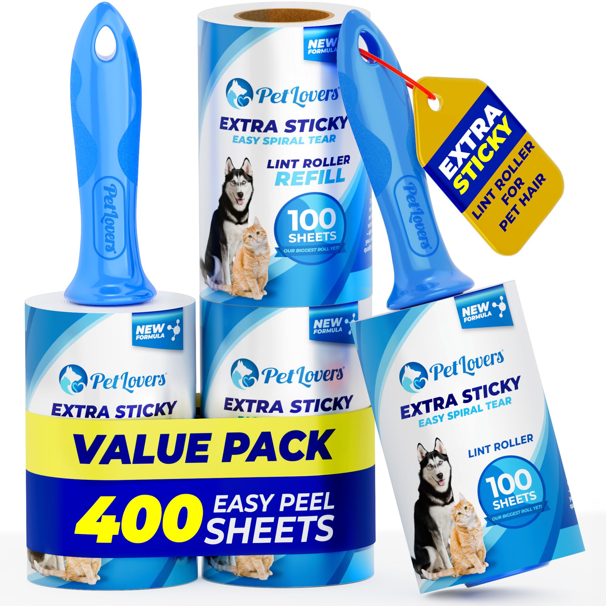Photo 1 of PetLovers Extra Sticky Lint Roller Ultimate Value Set 400 Sheets for Pet Hair Removal, Dog and Cat Lint Remover 4 Pack