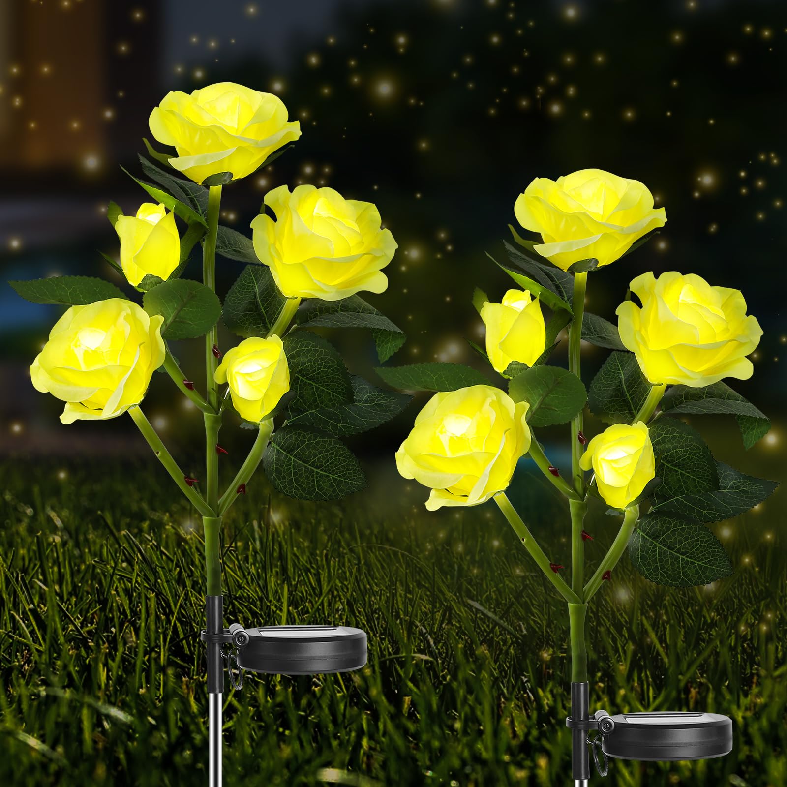 Solar Lights Outdoor Garden: 2 Pack Garden Lights Solar Powered Waterproof with 10 Bigger Yellow Rose Flower Lighting Outdoor Ornaments for Lawn Patio Pathway Party Wedding
