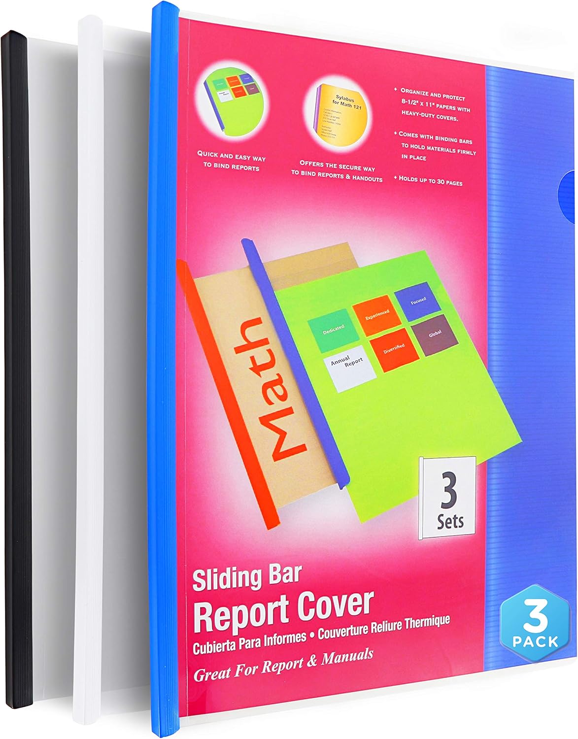 Report Covers with Sliding Bar fits 8.5" x 11" 30 Pages Heavy Duty Clear Front Cover Perfect for Schools, Colleges, Offices by Emraw (3 Pack) : Office Products