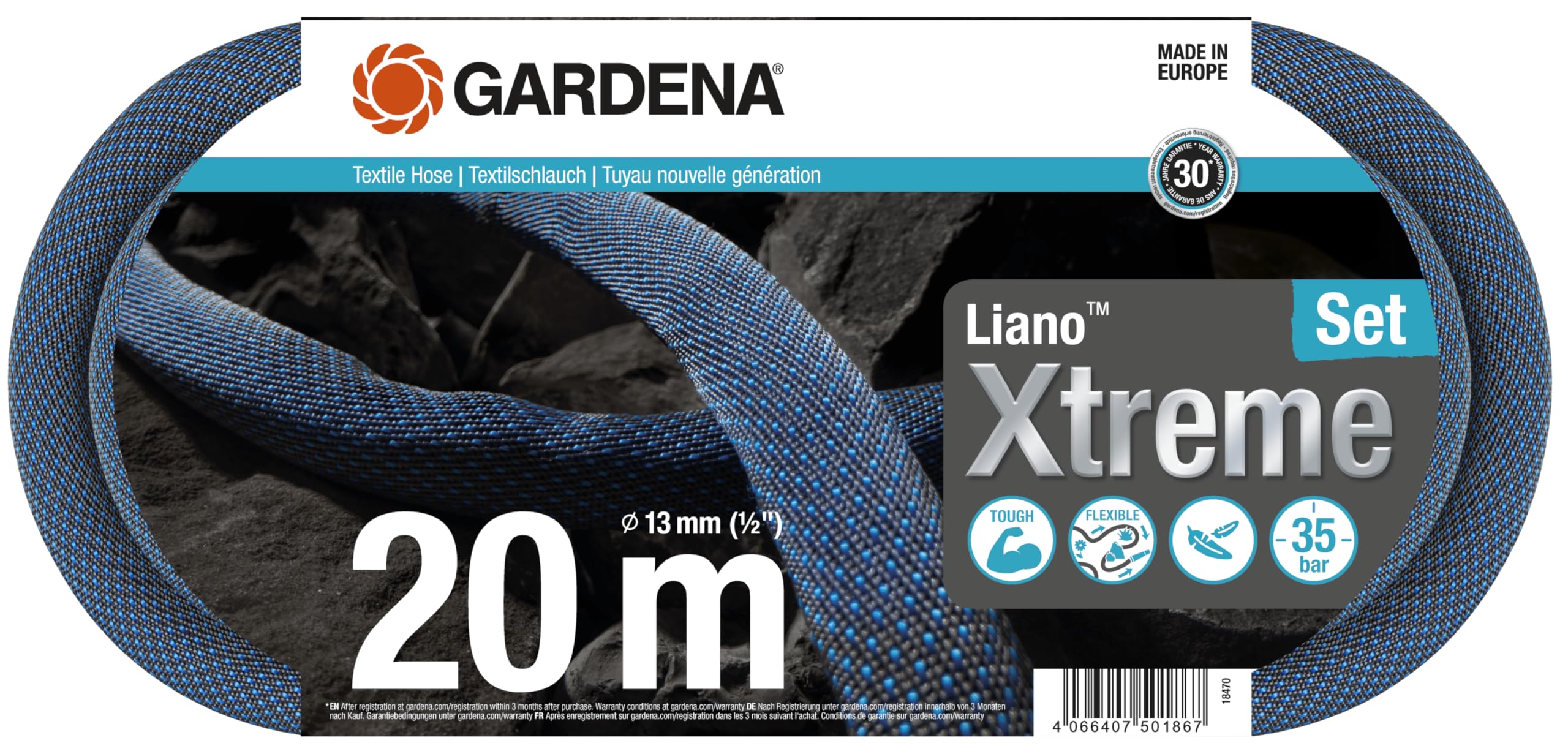 Gardena Liano Xtreme 1/2 inch, 20m set: Extremely robust textile garden hose, for indoor water taps, with PVC inner tube, lightweight, weather-resistant (18470-20)