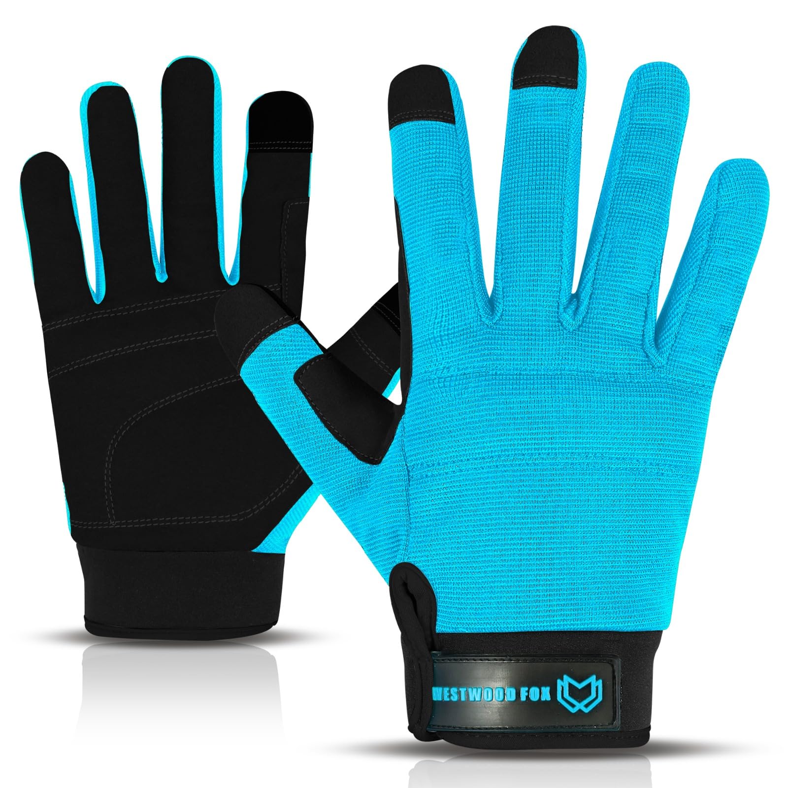 WESTWOOD FOX Safety Work Gloves Heavy Duty Gardening Gloves for Men Thorn Proof Padded Palm Protection Touch Screen Breathable Builder Mechanic Working Multi-Functional (Cyan, Large)