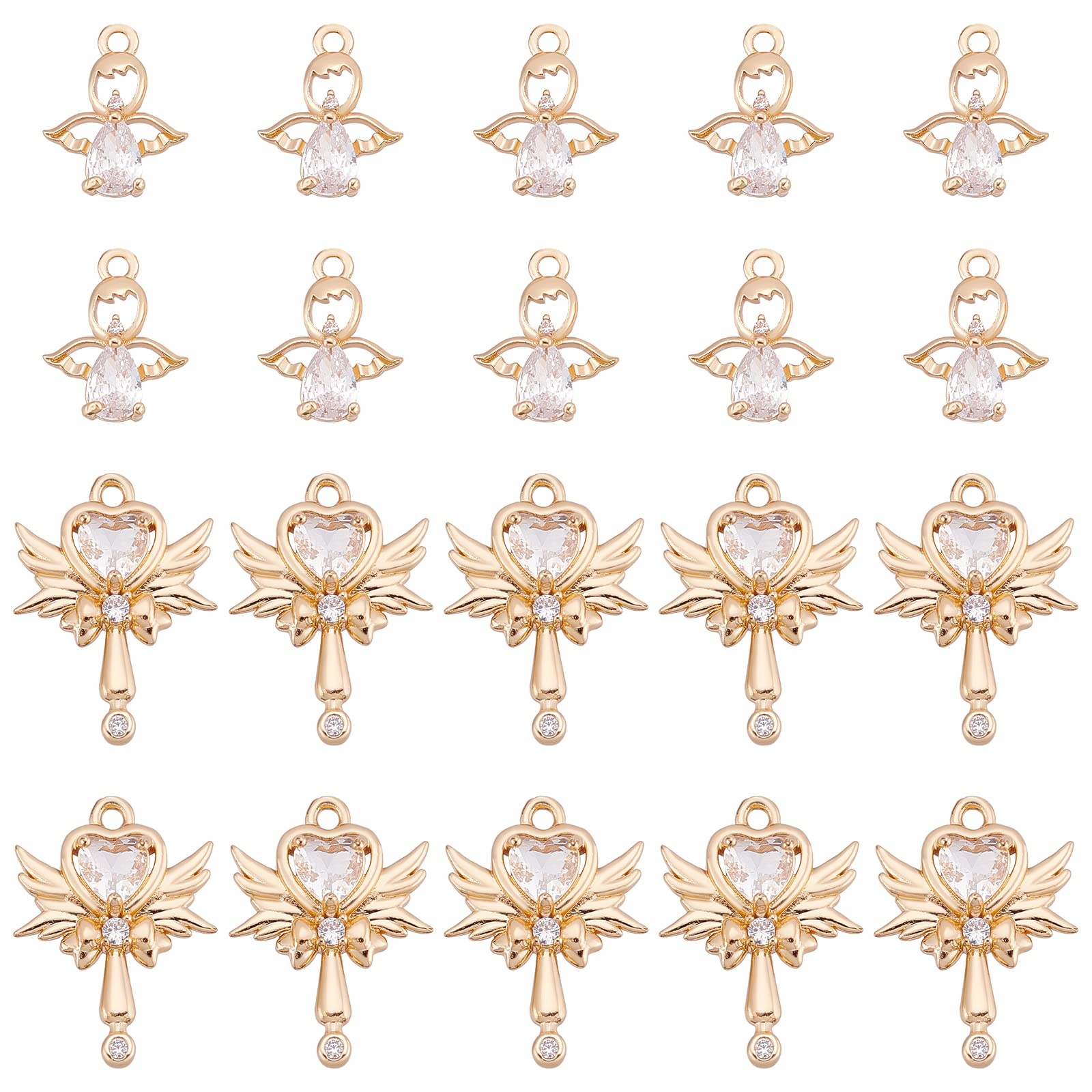 SUPERFINDINGS 20Pcs 2 Style Brass Wand Charms Clear Cubic Zirconia Angel Charms Pendants Light Gold Rhinestone Pendants for Necklace Bracelet Jewelry Making Hole: 1.2~1.5mm