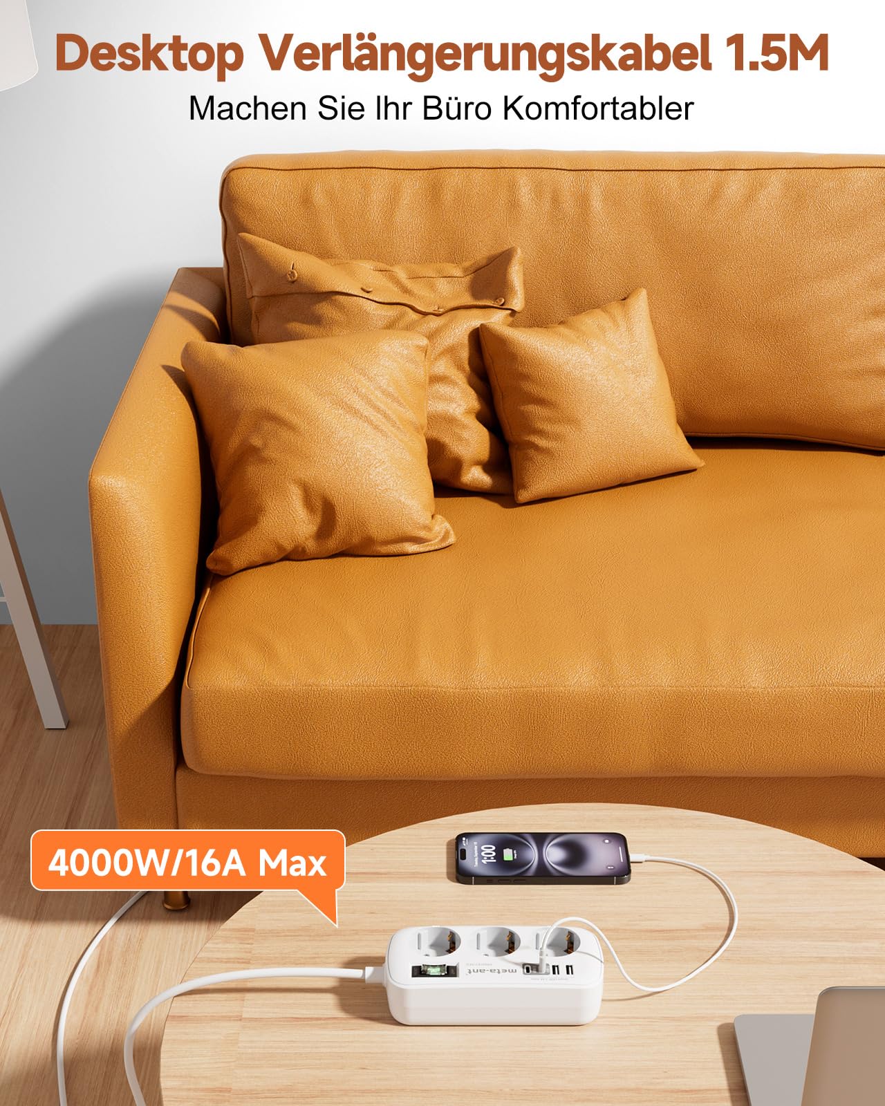Steckdosenleiste mit USB 3.4A 17W, 3 Fach steckdosenleiste mit überspannungsschutz 4000W, Socket with 4 USB (2 USB-C), 1.5m, Steckdosenleiste Wandmontage für Heim Büro, Weiß 6