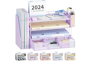 OPNICE Desk Organizers and Accessories, Paper Letter Tray File Organizer with Drawer and 2 Pen Holder, Classroom Office Supplies Decor Desk Accessories Workspace Desktop Organizer for Women(Purple)