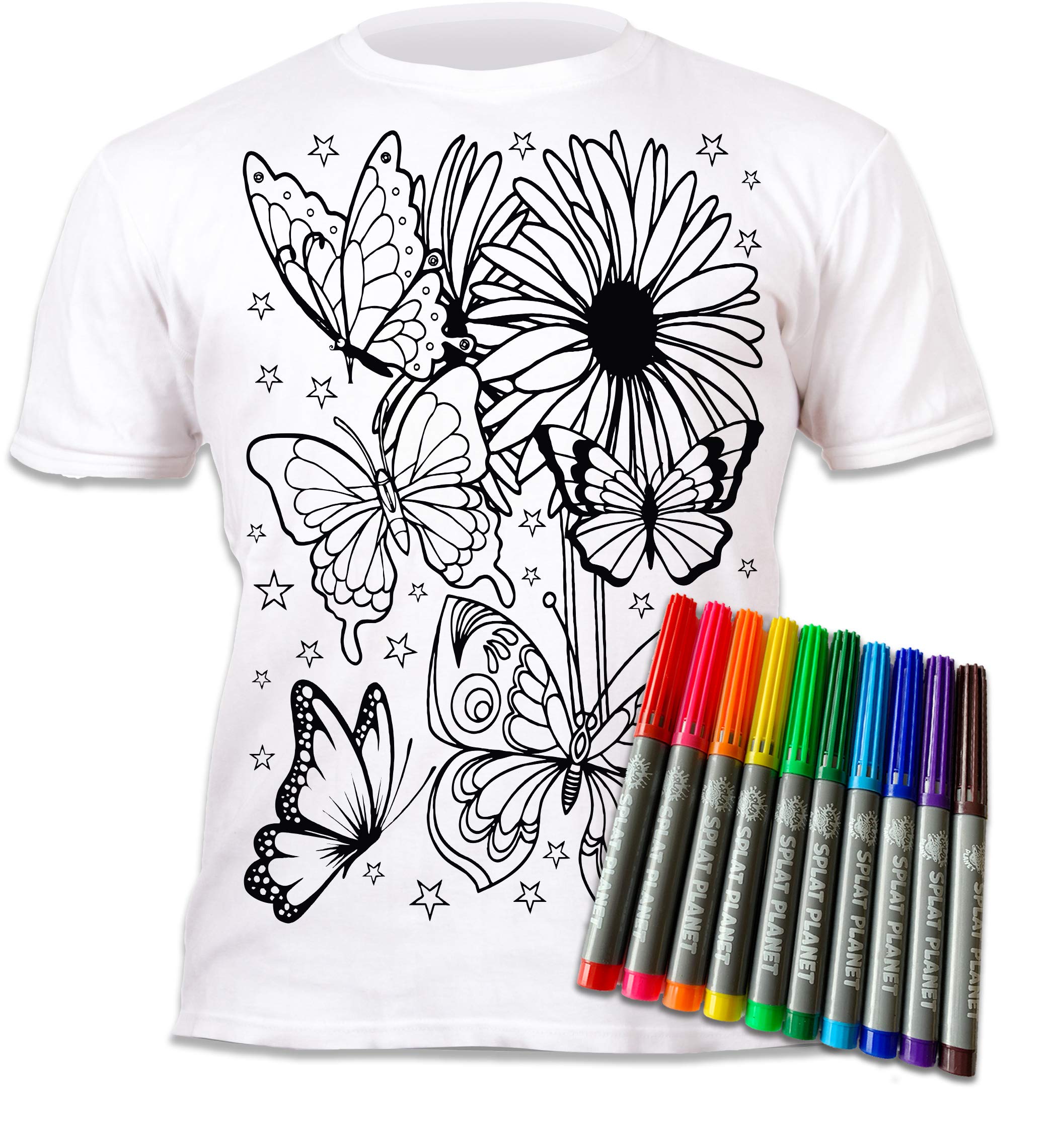 Splat Planet Colour-in Butterflies and Flowers T-Shirt with 10 Non-Toxic Washable Magic Pens - Colour-in and Wash Out T-Shirt (12-13 Years) White
