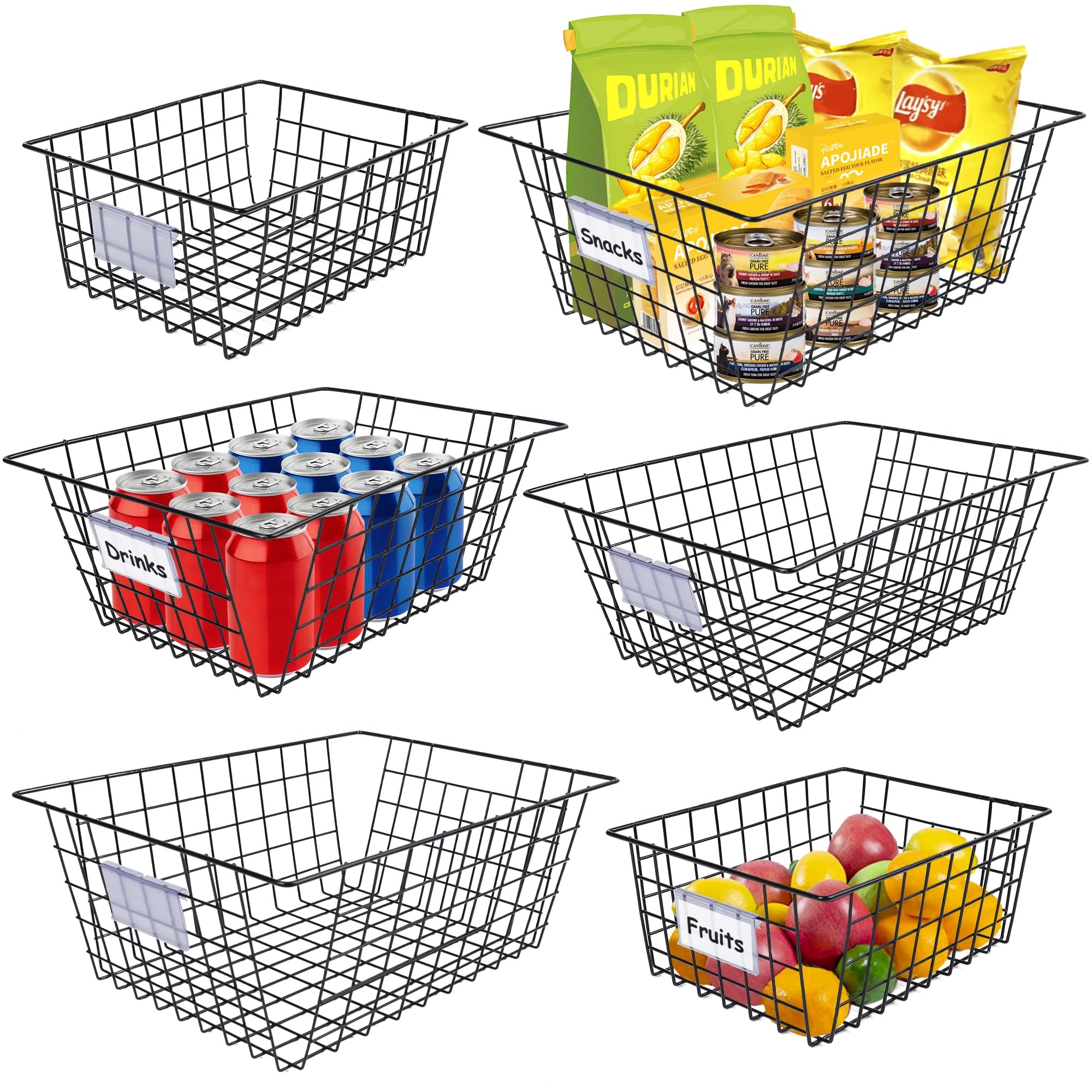 Photo 1 of DR.DUDU 6 Pack Extra Large Wire Storage Baskets for Organizing with Lables, Metal Kitchen Organizers and Storage Baskets for Pantry Garage Freezer, Onion Potato Snake Storage Bins (Black)