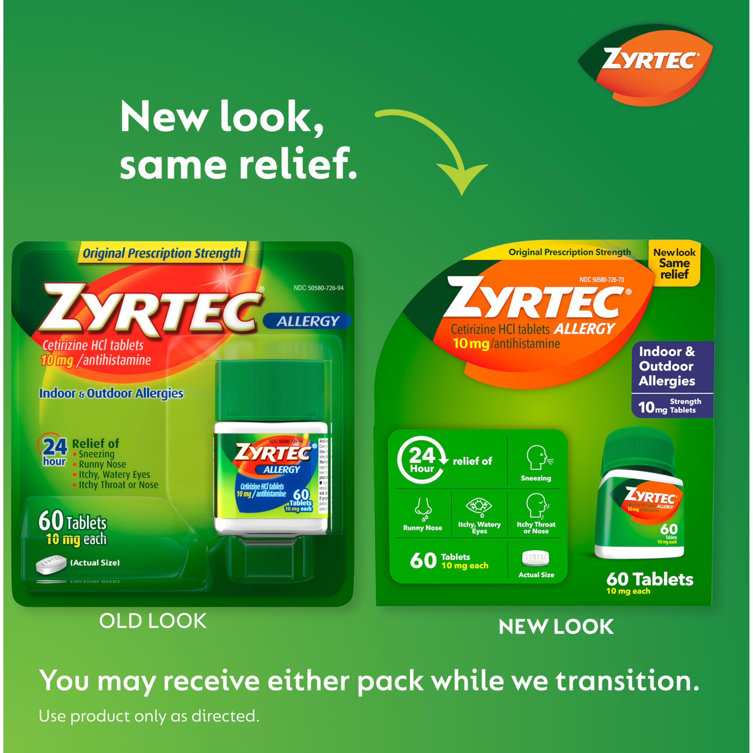 Zyrtec 24 Hour Allergy Relief Tablets, Indoor & Outdoor Allergy Medicine with 10 mg Cetirizine HCl per Antihistamine Tablet, Relief of Allergies, 60 count.