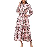 Kormei Women V Neck Tie Long Sleeve Boho Floral Fall Dress Wedding Guest Casual Maxi Long Cocktail Dress