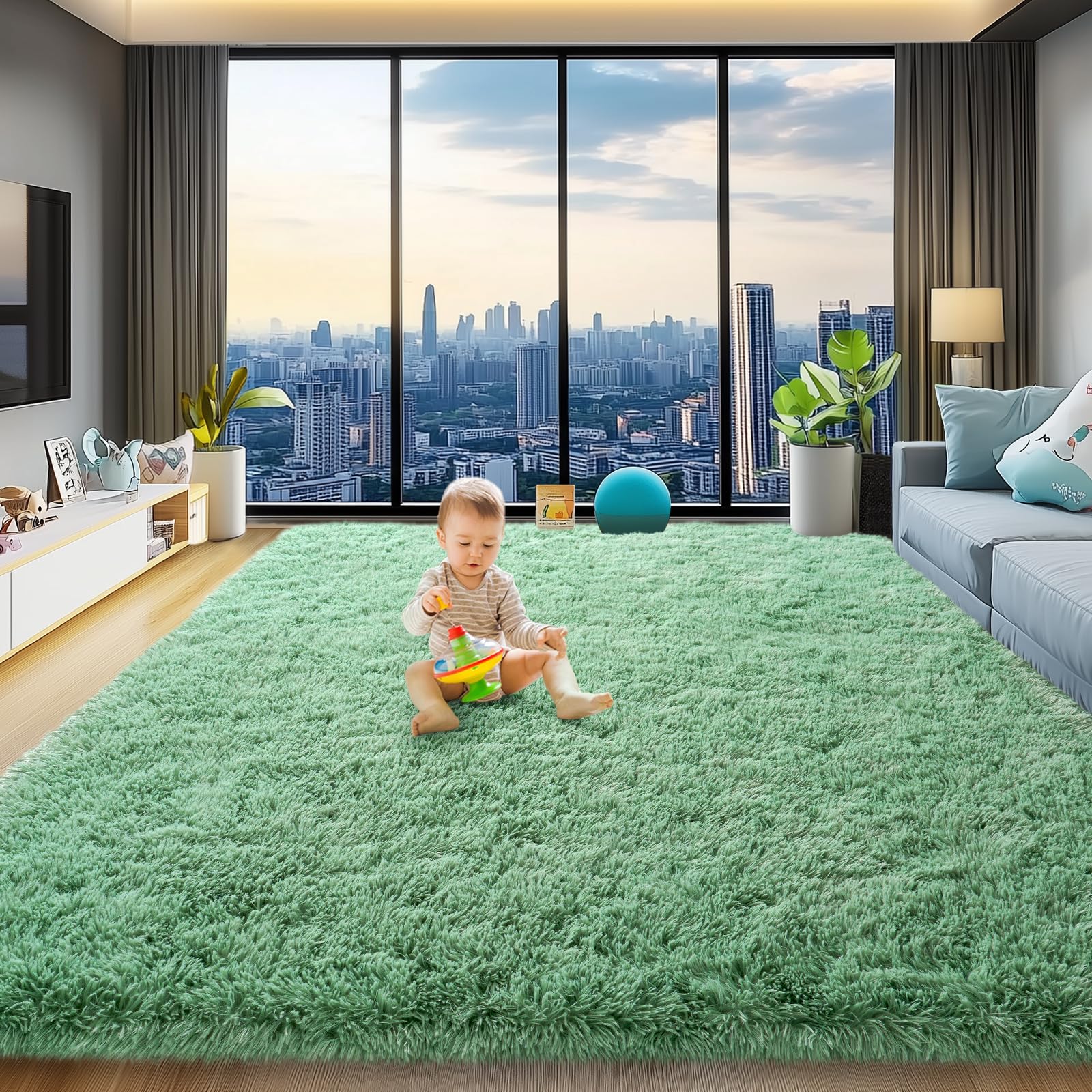 qulint 8x10 Area Rugs for Living Room, Large Fluffy Green Rug for Bedroom, Soft Shag Shaggy Fuzzy Carpets for Boys and Girls Dorm Room Home Decor (8ft x 10ft, Green)
