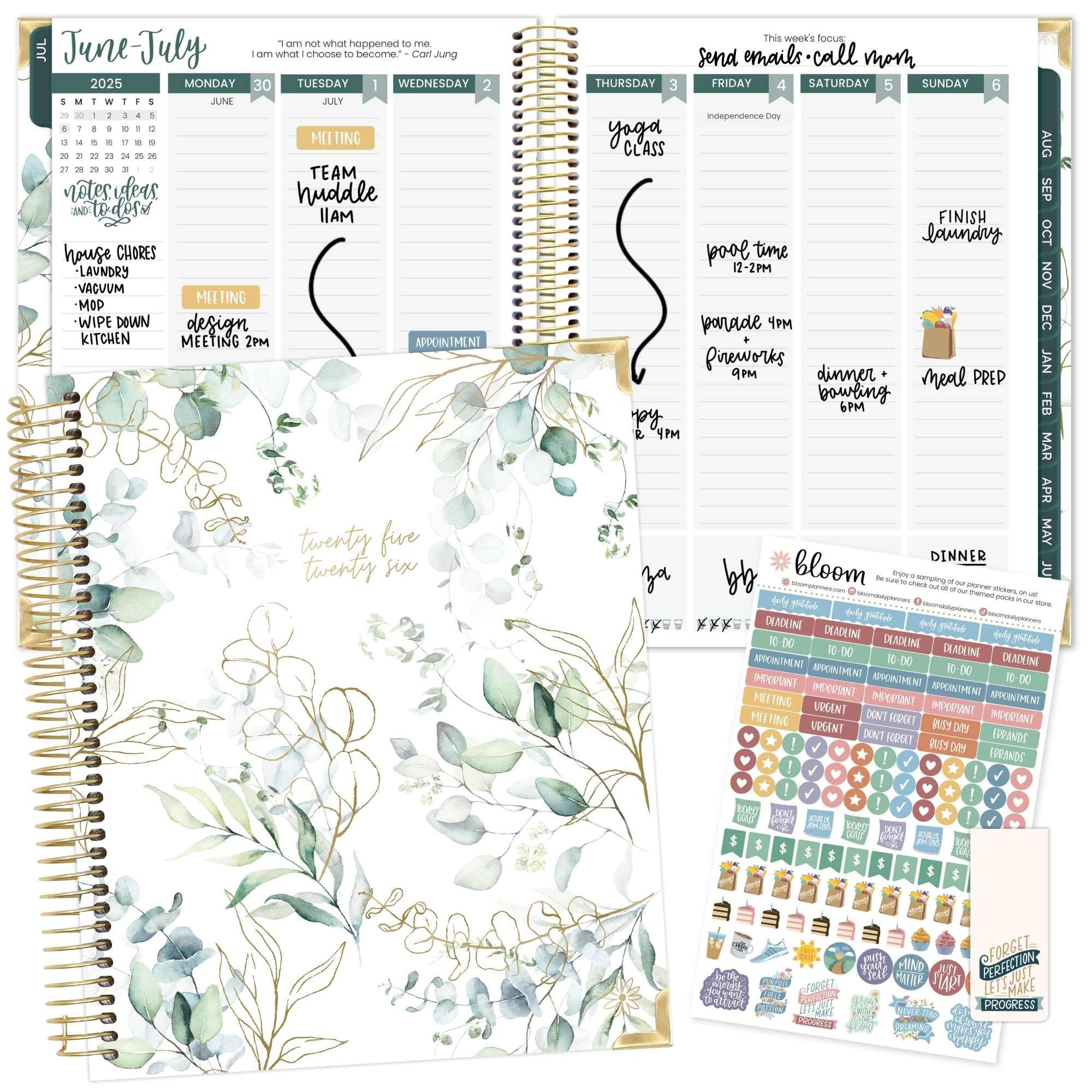 Photo 1 of bloom daily planners 2025-2026 Hardcover Academic Year Goal & Vision Planner (July 2025 - July 2026) - Monthly & Weekly Calendar Agenda Organizer - 7.5" x 9" - Eucalyptus, White