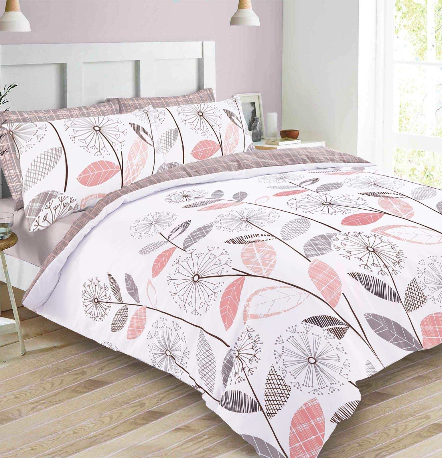 Dreamscene Allium Floral Duvet Cover with Pillowcase Bedding Set Reversible Tartan Check, Blush Pink Grey - Double