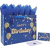 16.5" Extra Large Blue Happy Birthday Gift Bag Set with Handles, Greeting Card, Tissue Papers and Stickers for Men Boys, Balloons Design, 1 Pcs