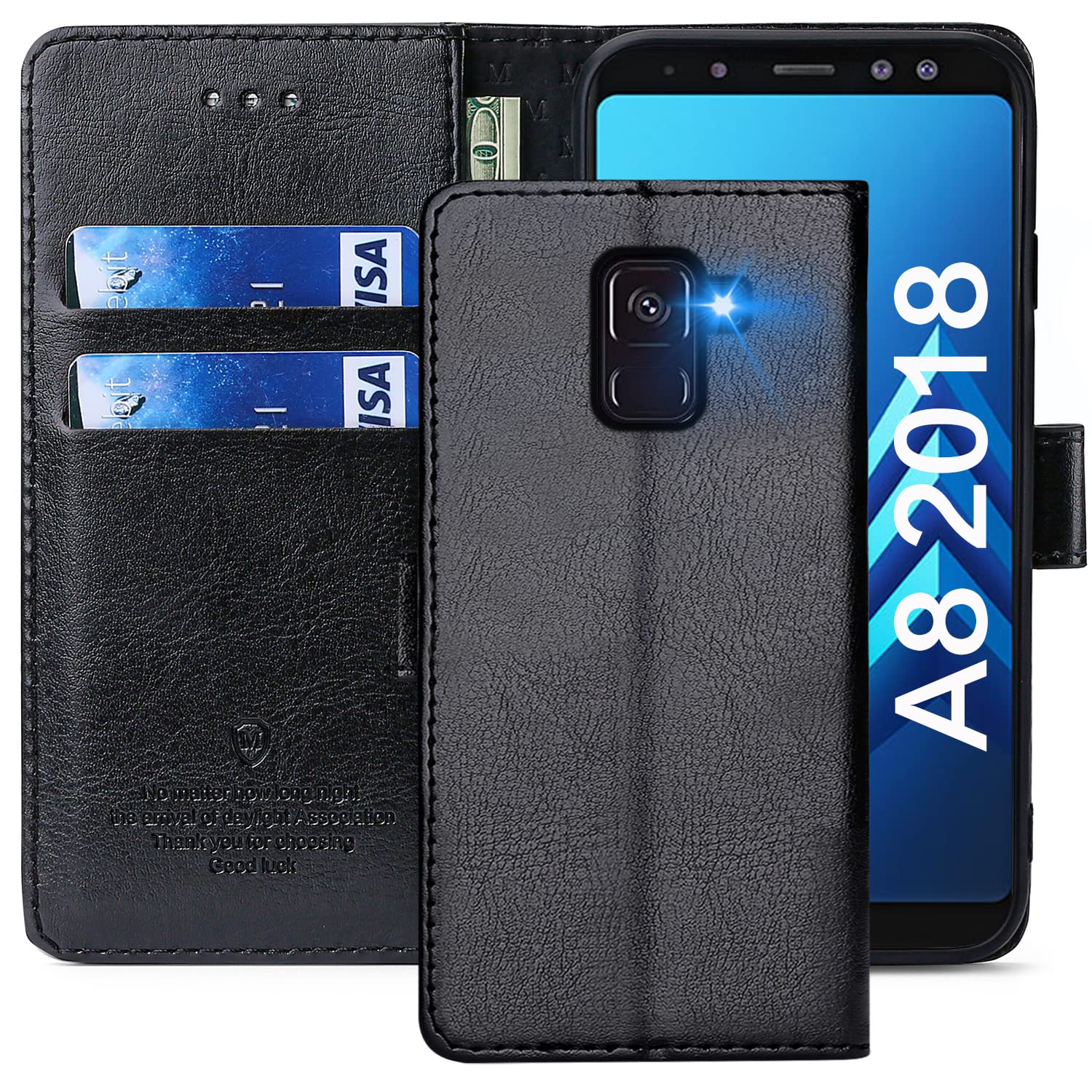FMPCUON Case For Samsung Galaxy A8 2018,High-grade Leather Flip Wallet Phone Case Cover for Samsung Galaxy A8 2018 Inches [Card Slots] [Kickstand] [Magnetic Closure]-(Black) — image 1