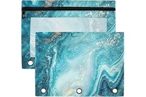 Kcldeci Pencil Pouch for 3 Ring Binder, Ocean Marble Blue Gold 2 Pack Binder Pencil Pouch with Clear Window Pencil Bags with Zipper Pencil Case for Binder