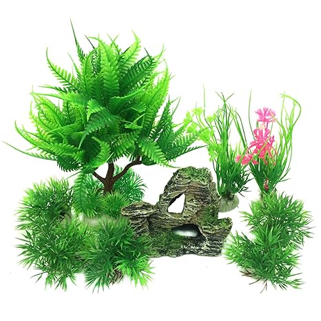PietyPet Aquarium Wasserpflanzen Kunststoff Aquariumpflanze mit Harz Höhle Fisch Tank Ornament Dekoration, 9 Stück