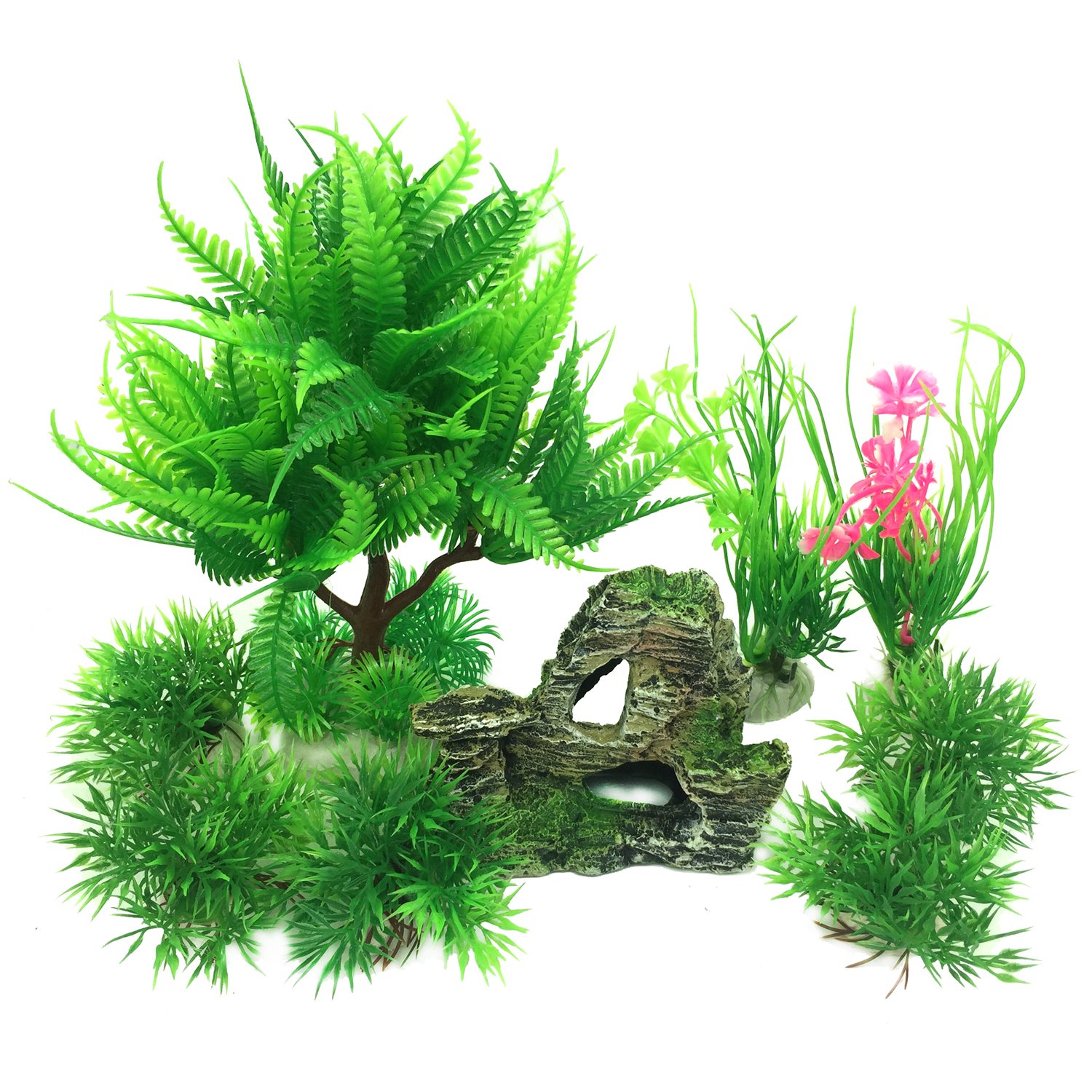 PietyPet Fish Tank Decorations Plants with Rockery view, 9pcs Green