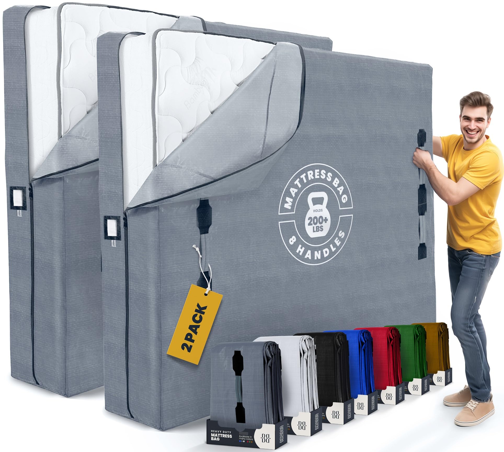 Mattress Bags for Moving with 8 Handles - Extra-Thick Mattress Bag for Moving - Reusable Mattress Storage Bag - Mattress Cover for Moving with Zipper, Moving Mattress Bag Protector (Queen - 2 Pack, Image