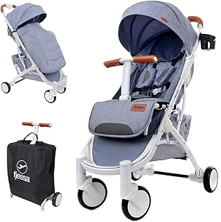 FJESSA Sky Comfort Reisebuggy mit Liegefunktion, Kinderwagen, Kinderbuggy, Travel Buggy, Sportwagen, Sitzbuggy, Klappbar, im Set: Regenschutzfolie, Insektenschutznetz und warmer Fußsack (Hellgrau)