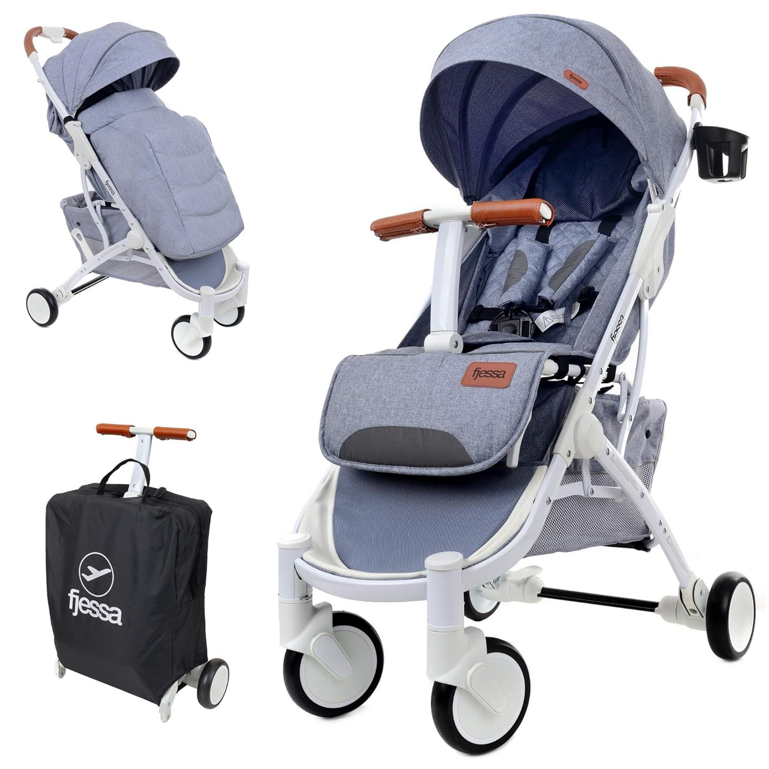FJESSA Sky Comfort Reisebuggy mit Liegefunktion, Kinderwagen, Kinderbuggy, Travel Buggy, Sportwagen, Sitzbuggy, Klappbar, im Set: Regenschutzfolie, Insektenschutznetz und warmer Fußsack (Hellgrau)