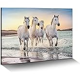 Beach Horse Canvas Wall Art: White Elegant Equines Photo Prints Graceful Seaside Animals Office Painting Ocean Steeds Running Picture Coastal Wildlife Galloping Artwork for Bedroom Bathroom
