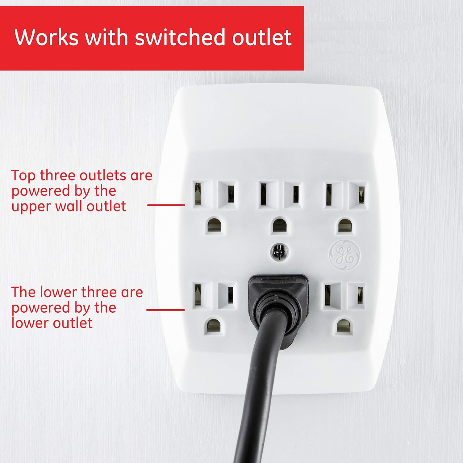 GE 6 Adapter, 2 Pack, 3 Prong Outlets, Grounded, Wall Charger, Charging Station, 46852, Standard | White - - 