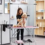 Yaheetech 91cm Pet Grooming Table Adjustable Height with Storage Pink 164cm High view 2