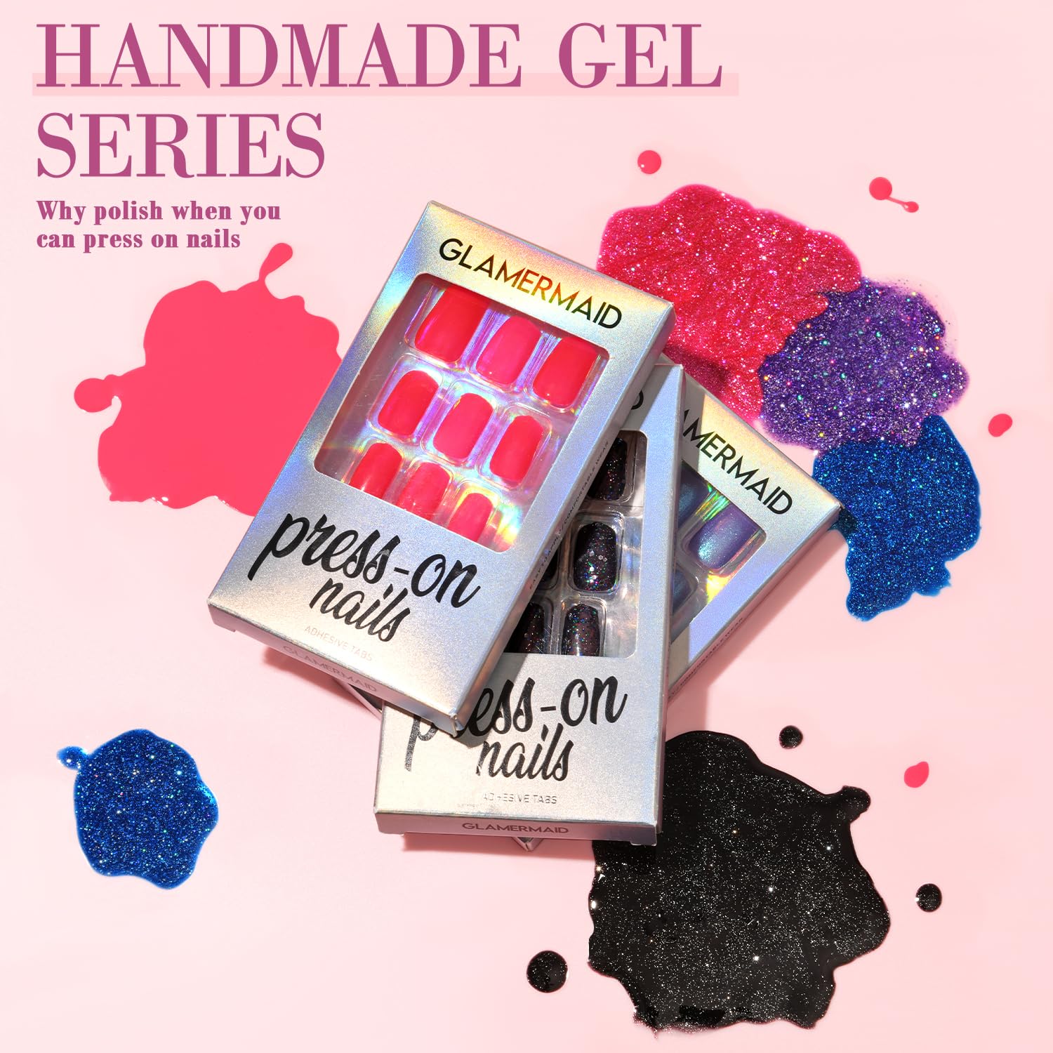 GLAMERMAID Nude Pink Press On Nails Short Almond, Natural Pure Pink Handmade Soft Jelly Gel Fake Nails Tip, Neutral Glossy Round Oval Stick Glue on Nails Kit for Women, Reusable Acrylic False Nail Set - Image 7