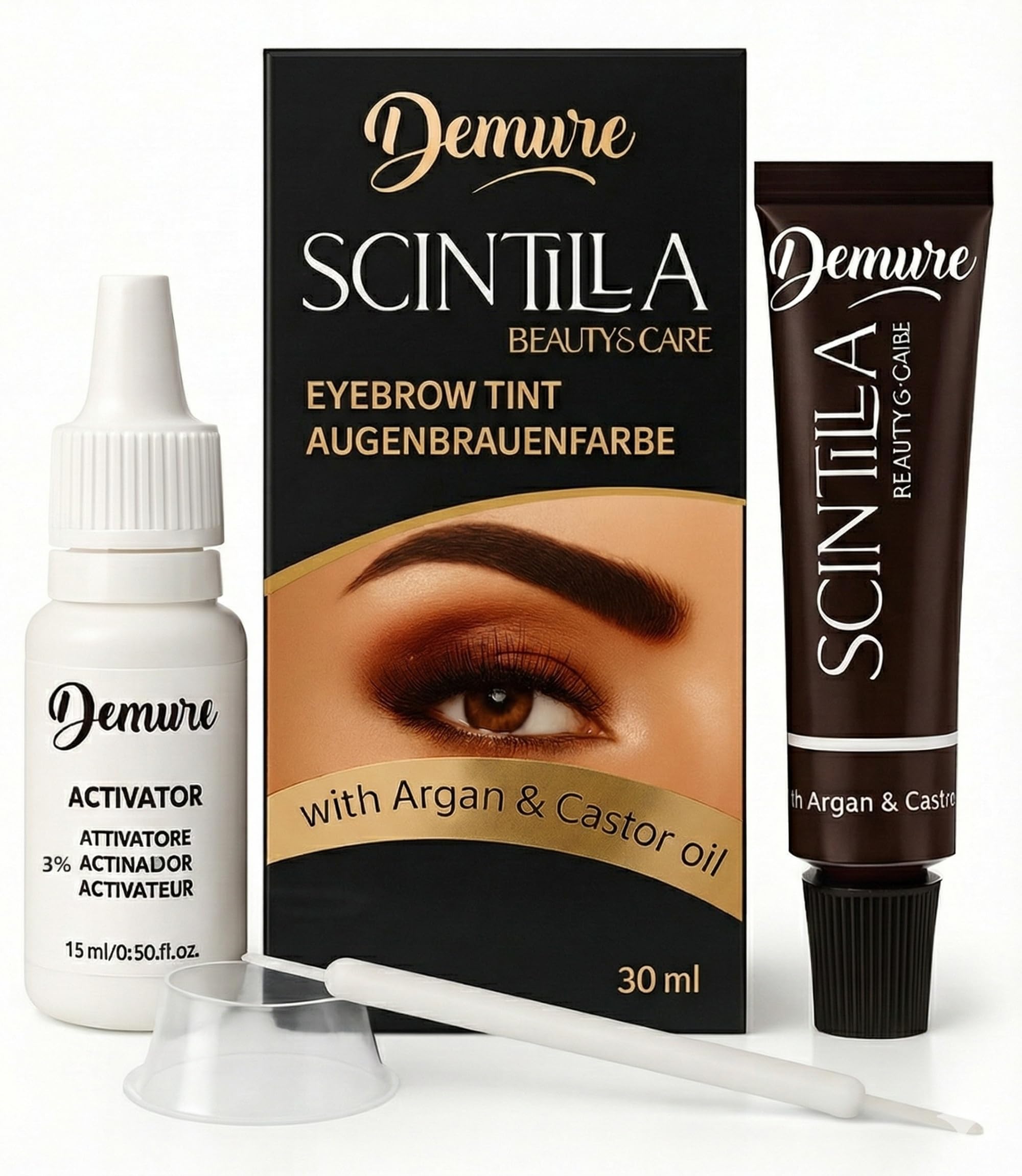Demure Eyebrow Tint Set with Developer, 20+ Applications, Up to 4 Weeks Lasting Effect, Brow Dye Kit with Argan and Castor Oil, All in One Tinting Set (1.0 Black)