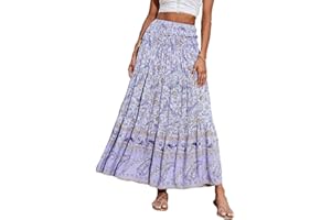 GUMIPY Womens Boho Maxi Skirt 2025 Summer Floral Print Flowy Long Skirts Trendy Smocked High Waisted Tiered Maxi Skirts