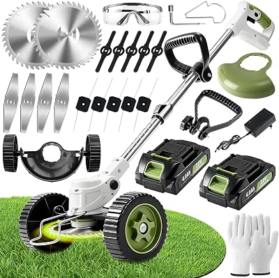 Elektrischer Rasentrimmer mit Akku und Ladegerät - Rasentrimmer mit 2 Akkus 4 Messertypen und Rädern - Teleskop Freischneider mit Unkrautbürste - Cordless Grass Trimmer für Höfe, Gärten (Beige)