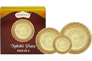 Shubhkart Solid Brass Nakshi Plate Set for Puja (Pack of 3, Small, Medium & Large - 7 cm, 9.5 cm, 11 cm)