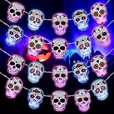 Ganeen 10 ft Halloween Sugar Skull LED String Lights Battery Operated | Day of the Dead Skeleton Hanging Decor for Indoor Outdoor, Dia De Los Muertos Theme, Colorful LED Festive Lights
