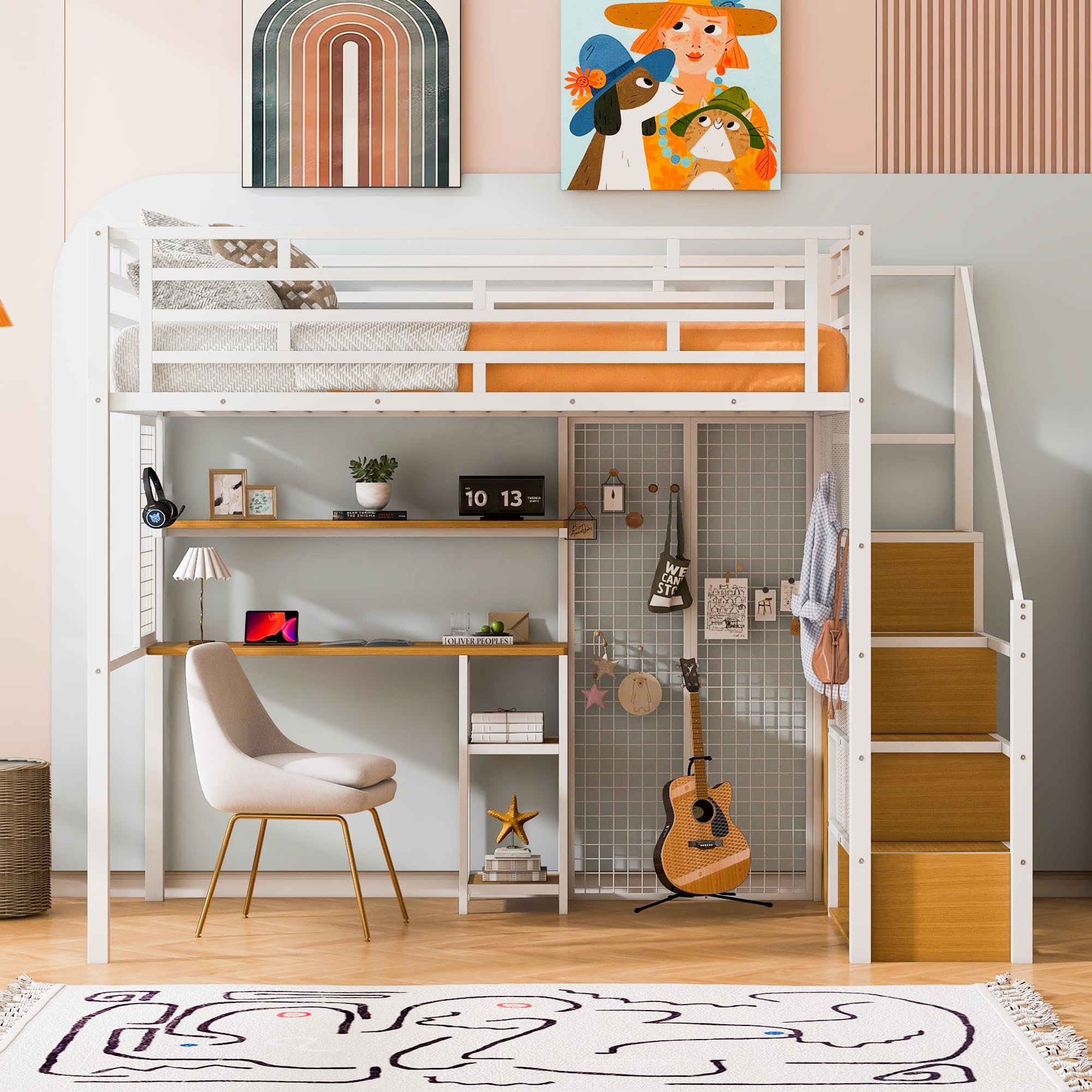 Photo 1 of FAVSH Full Size Metal Loft Bed with Wardrobe and Desk, Heavy Duty Loftbed w/Storage Stairs + Shelves,Space-Saving, Noise Free, No Box Spring Needed,White