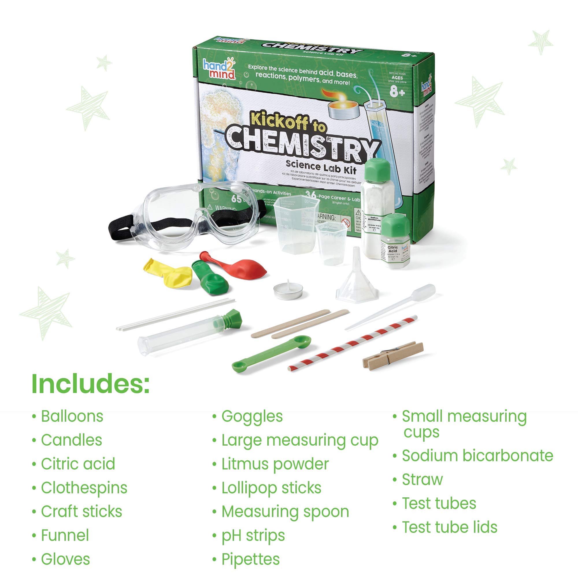 hand2mind Kickoff to Chemistry Science Lab Kit, STEM Kit, STEM Toys, Testing pH Acids and Bases Kit, Rock Candy Kit, DIY Lava Lamp Kit, Kids Science Lab Kit, Kids Chemistry Set, 23 Hands-On Activities