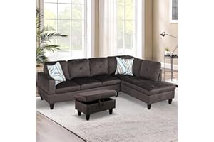 SumKea L-Shaped Sectional Sofa Set 3-Piece Luxurious Flannelette 5-seat Couches with Ottoman, Right Facing Chaise with Pillows, Perfect for Modern Living Room, Espresso
