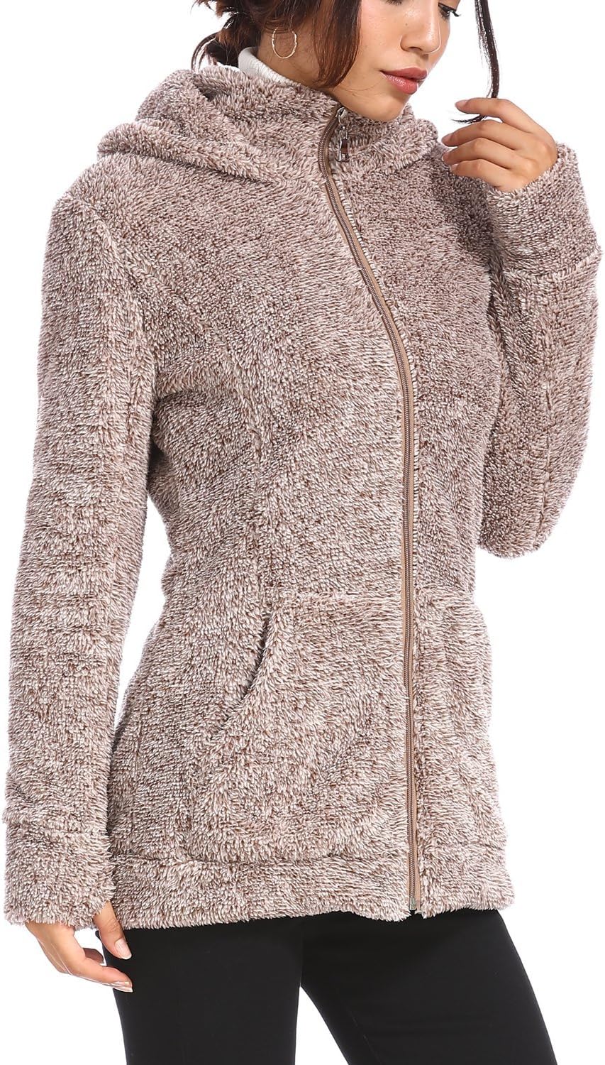 VILIER Ladies Womens Soft Teddy Fleece Hooded Jumper Hoody Jacket Coat Cream Taupe Black