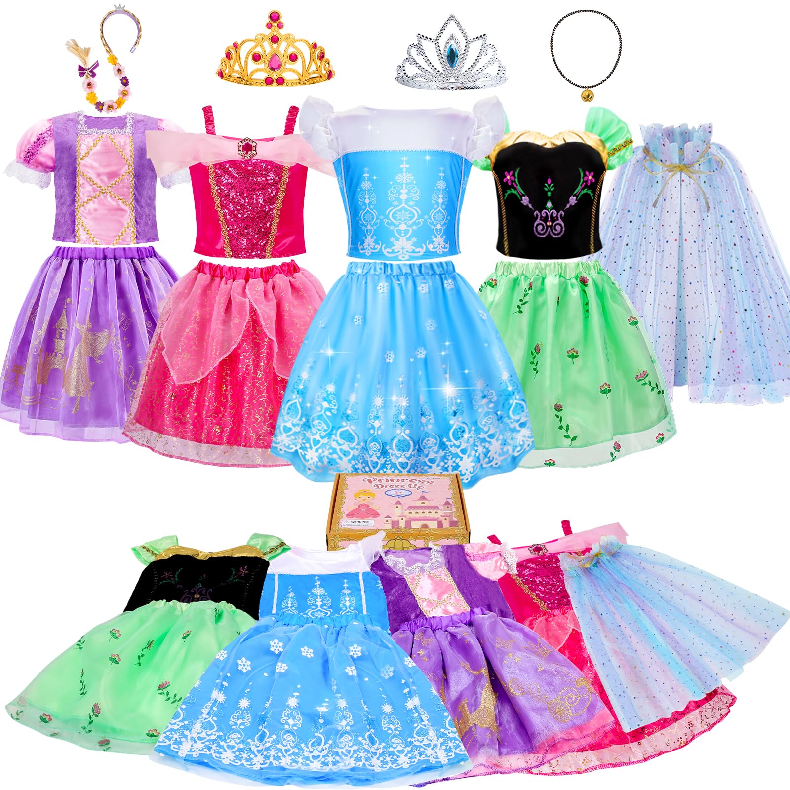 MELAND Princess Costumes for Girls, 4 Sets of Princess Dress up for Girls, Fancy Role Play Toys for 3 to 8 Year Old Girl Birthday Gifts