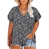 Halife Women's Plus Size Boho Tops Floral String V Neck Casual Summer Beach Blouses Shirts