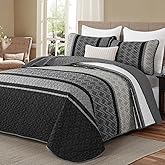 Dinjoy King Size Quilt Set Boho, Soft 3 Pieces Striped Fall Bedspreads Dark Grey Quilts Bedding Sets Boho Lightweight Quilted Coverlets Set Black for Men Bed 110"x90"