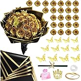 DIY Glitter Roses Bouquet Kit Gold- 24 Fake Shiny Flowers with Stems Butterfly Crown Eternal Floral for Graduation Handmade Wedding Bouquet Anniversary Birthday Gift, Mother's Day Gifts for Her
