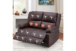 JFHID Reclining Loveseat with Massage&Heat Function, Recliner Loveseat Sofa 2-Seater Modern Manual Control Faux Leather RV Couch, Home Theater Seating Lounge Seat with Side Pockets, Brown