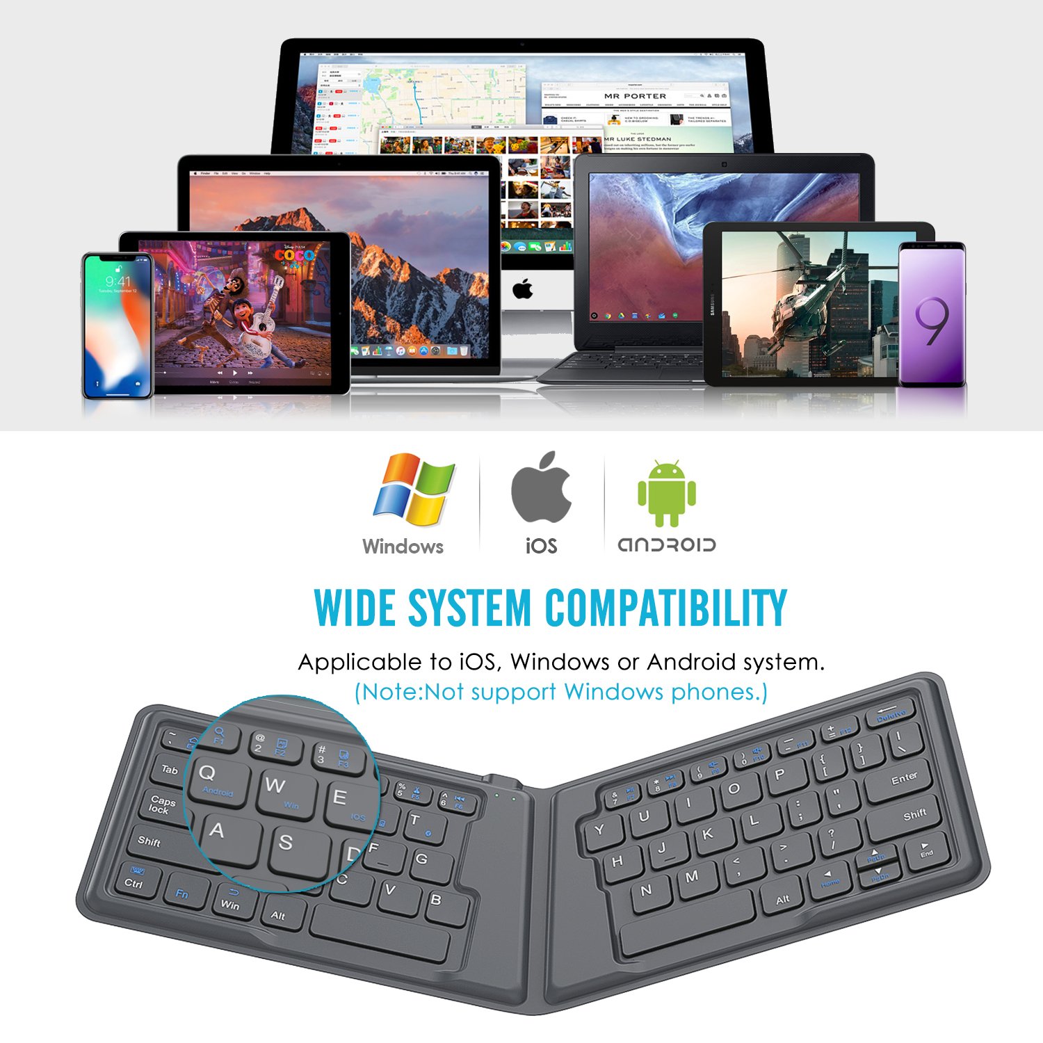 MoKo Foldable Bluetooth Keyboard, Ultra-Thin Folding Rechargeable, Portable Wireless for Laptop iPhone iPad, Compatible with All iOS Android Windows Tablet Smartphone Devices, Gray